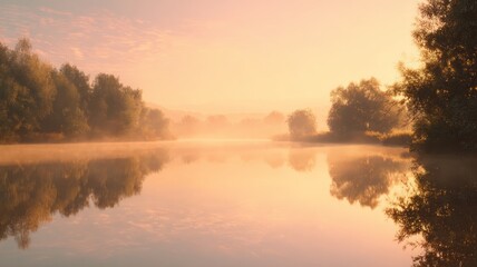 Fototapeta premium Serene sunrise on calm river. Neural network AI generated