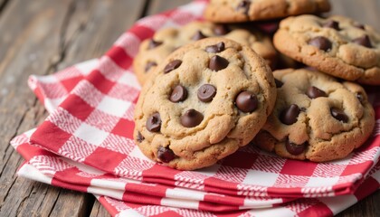 Labor day celebration picnic. Freshly Baked Chocolate Chip Cookies on Red Checkered Napkin with Rustic Wooden Background