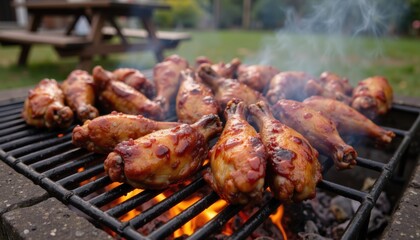Labor day celebration picnic. Grilled Chicken Drumsticks Cooking on BBQ Grill with Smoke and Outdoor Setting in Summer