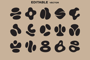 Collection of abstract organic blob shapes and elements in black on a neutral background editable vector