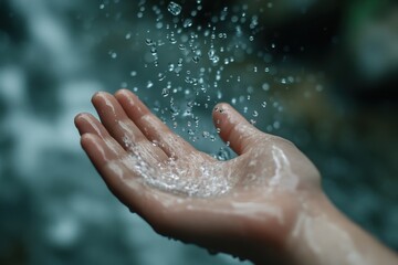 Fototapeta premium Catching raindrops a closeup of a hand in nature water droplets outdoor setting serene viewpoint refreshing concept