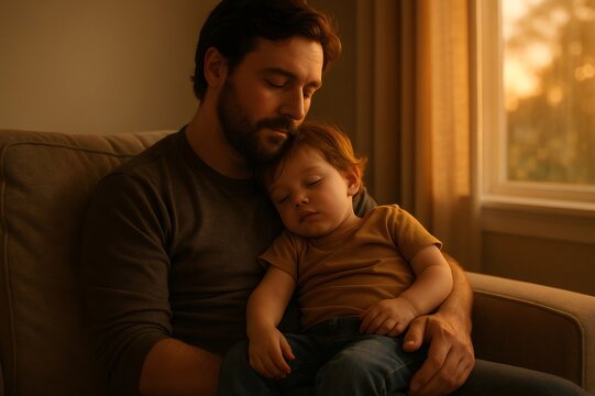 Father and son enjoying a peaceful moment together on an armchair by the window during a warm sunset