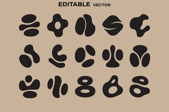 Collection of abstract organic blob shapes and elements in black on a neutral background editable vector