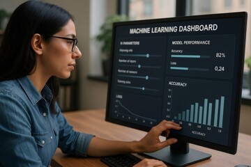 Professional analyzing machine learning data on a computer screen, focusing on model performance and accuracy metrics in a modern office