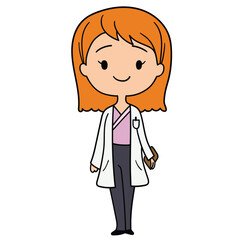 Hand drawn cartoon redhead female doctor in uniform with clipboard on white background. Healthcare and medicine.