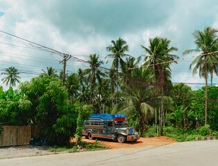 Jeepney jeep filipino colorful bus vehicle truck along tropical road with palm trees and sunny sky in Palawan, Philippines.