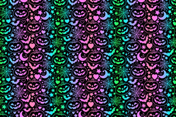 Seamless rainbow halloween pattern with smiling pumpkins, spider webs and bats