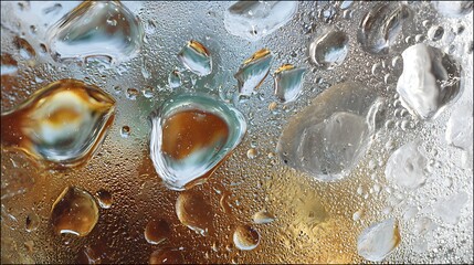 Icy beverage in clear glass droplets on outer wall soft reflections