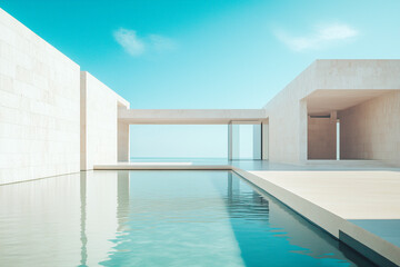 Fototapeta premium Minimalist White Concrete Courtyard With Reflective Pool Under Bright Blue Sky