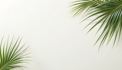 A harmonious composition of palm leaves, casting soft shadows on a clean white backdrop, is ideal for summer or vacation themes.