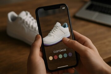 Hands holding a smartphone, interacting with an augmented reality app to customize sneaker colors and styles for a personalized shopping experience