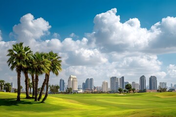 Obraz premium Palm Trees and City Skyline.