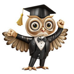 Vector illustration of a wise owl in a graduation cap and gown, symbolizing education and knowledge. Isolated on a transparent background. Perfect for academic designs.
