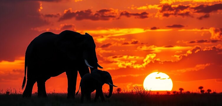 Silhouette of mother and baby elephant against fiery sunset on African savanna,   silhouette animals,  evening