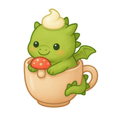 Fototapeta premium Isolate transparent Kawaii dragon in coffee mug, cute dragon in coffee mug art, baby dragon in coffee mug illustration PNG die-cut for advertising