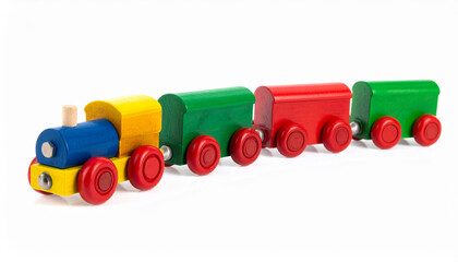 Fototapeta premium Cute Colorful Wooden Toy Train Isolated on Clean White Background for Kids Room Decoration Nursery Playtime Gift or Educational Toy Concept