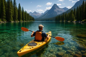 Person kayaking on a clear alpine lake surrounded by majestic mountains and dense pine forests under a bright blue sky