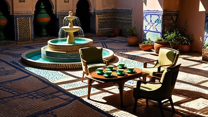 Moroccan riad mosaic fountain, mint tea set on low table, geometric shadows.