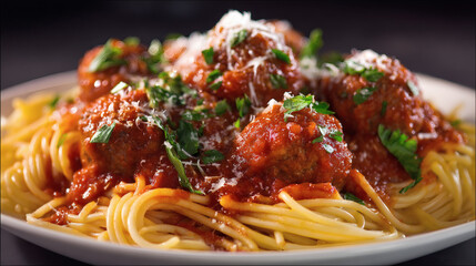 A flavorful plate of spaghetti and meatballs, a classic Italian meal.