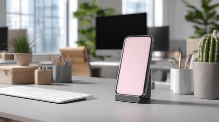 Fototapeta premium Modern office desk setup featuring a smartphone and desktop computer