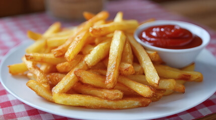A plate of golden french fries with a side of ketchup sits ready to be enjoyed.