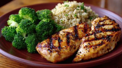 Grilled chicken breast with broccoli and quinoa, a delicious and healthy meal.
