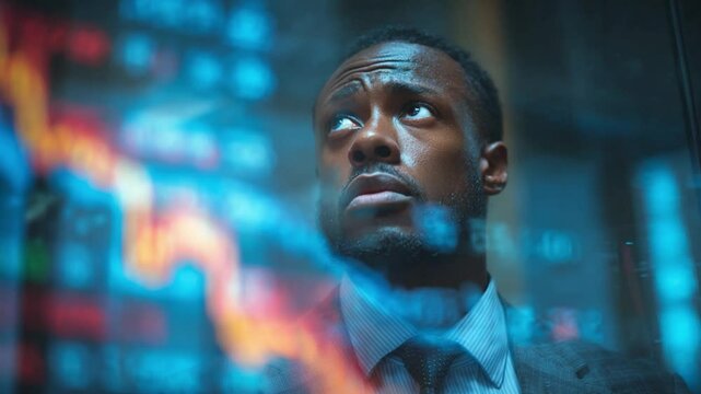 Strategic Vision: A pensive businessman gazes intently at a complex data display, lost in strategic thought, analyzing market trends and contemplating future business moves.