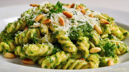 A plate of pesto pasta with parmesan and pine nuts, a delicious Italian meal.