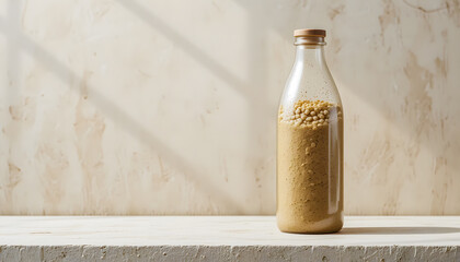 A clear bioplastic bottle filled with light-colored granules, presented on a minimalist backdrop.