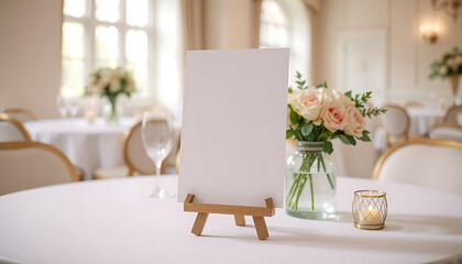 An elegant, blank easel on a table set in a luxurious, classical room with ornate furniture and large windows, ready for a display or presentation, 4K and HD image.