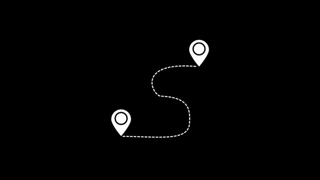 Animated destination, path, and route icon showing map, location pin, and dotted travel line for navigation, journey, and direction.GPS location pointer animated and locator icon.Two location point 