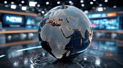 A digital Earth globe on a shiny surface, set against a blurred studio backdrop with screens