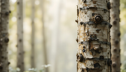 Textured birch tree trunk in focus, providing a natural backdrop with space for text or design elements.