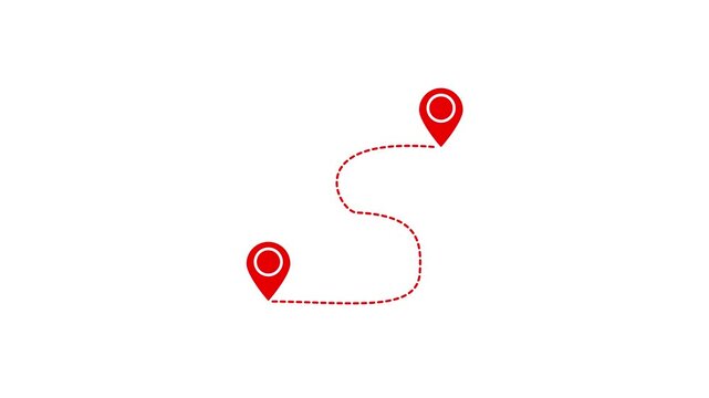 Animated destination, path, and route icon showing map, location pin, and dotted travel line for navigation, journey, and direction.GPS location pointer animated and locator icon.Two location point 
