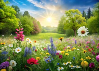 Fototapeta premium Meadow scene with vibrant wildflowers