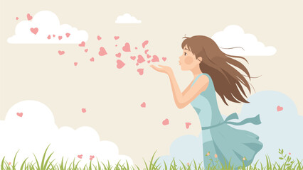 Illustration of Young Woman Blowing Pink Hearts. Gentle art symbolizing love, affection, and happiness in a dreamy landscape.