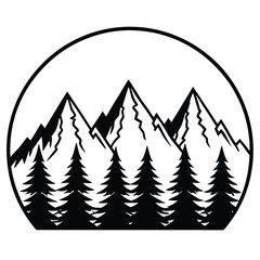 Obraz premium Black and white mountain range with pine trees inside a circle silhouette