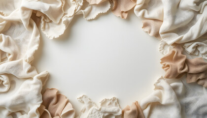 Textured fabric scraps in various natural tones form a rustic frame with ample negative space in the center.