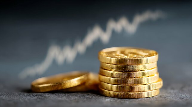 business golden coin digital currency on stock market financial positive indicator background. growth futuristic chart bitcoin money investment . investor cryptocurrency data concept.