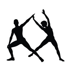 Black silhouette of two young athletes stretching together reaching up yoga fitness