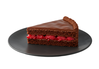A chocolate cake slice with raspberry filling on a gray plate set against a dark background