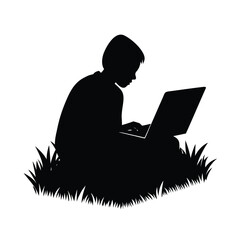 Black silhouette of a person using a laptop on grass student computer