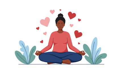 Diverse Woman Meditating with Hearts: Self-Love, Mindfulness & Inner Peace Illustration