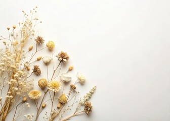 Delicate dried flowers arrangement on ivory white background