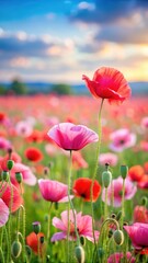 Obraz premium Vibrant wild poppy field with delicate pink flowers swaying in the gentle breeze amidst a serene natural landscape