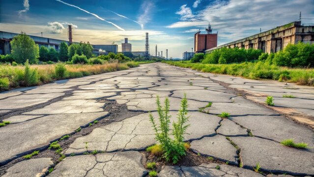 Weathered asphalt with cracks and faded markings in a desolate urban landscape