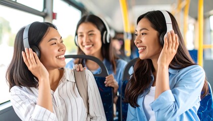 Three women on a bus, listening to music with headphones