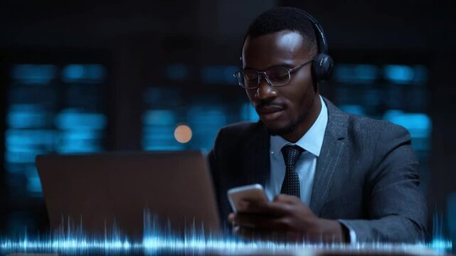 Digital Harmony: An man immersed in the digital world, wearing headphones while working on a laptop and phone, the scene is accentuated by the visual representation of sound waves. 