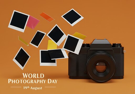 Vintage camera with flying polaroid photos