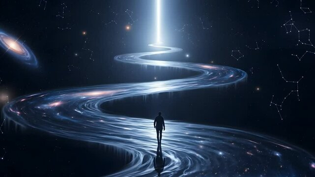 Silhouette walking cosmic pathway towards light. Conceptual universe journey, exploring space, discovering future, spiritual awakening, galaxy dream, mindfulness, growth, and imagination.